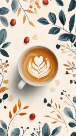Latte art cup centered on stylized botanical pattern