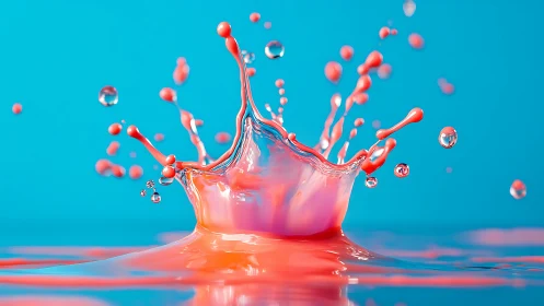 Vivid coral droplet crown erupts over smooth cyan surface