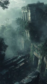 Emerald ruins drift in mist above a forgotten jungle abyss.