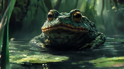 Emerald-eyed frog rests in a misty forest pond at dusk