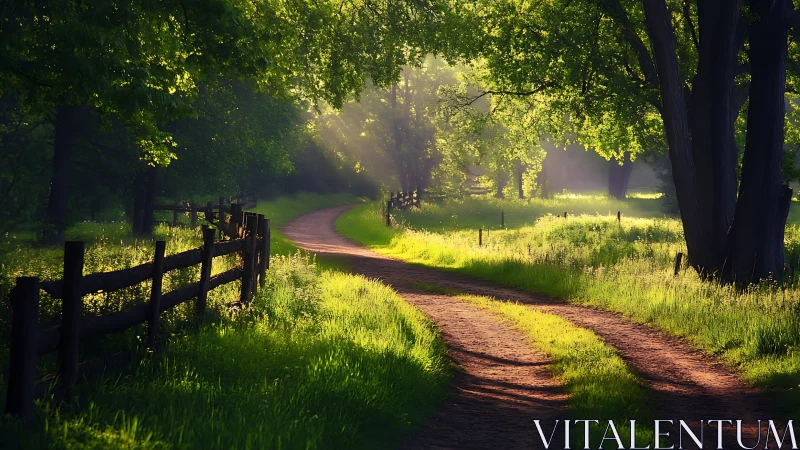 Sunlit country lane curling through whispering green.