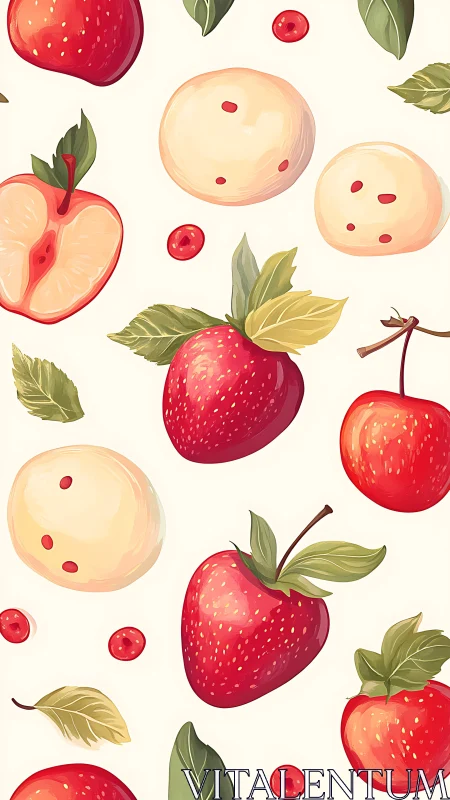 Vector fruit and mochi pattern with glossy specular highlights.