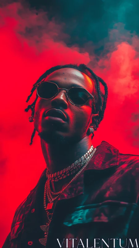 Bold portrait of stylish man in red and teal lighting.