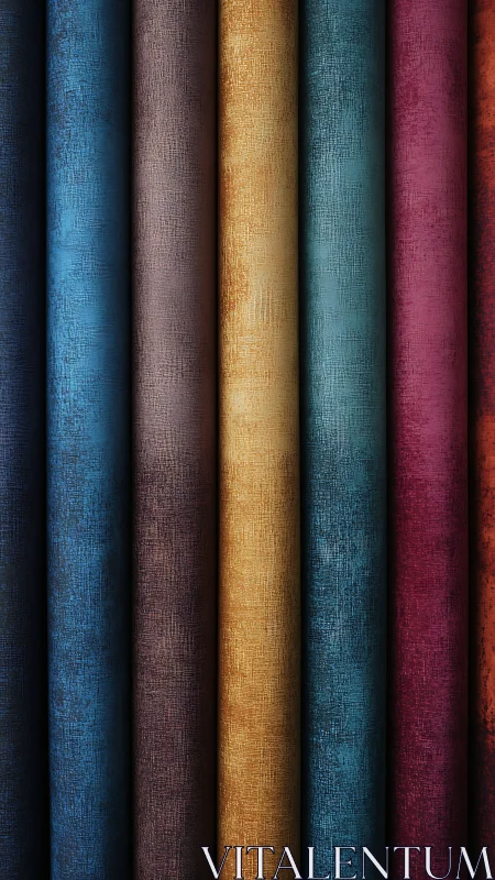 Vertical rolls of textured fabric in rich gradient colors.