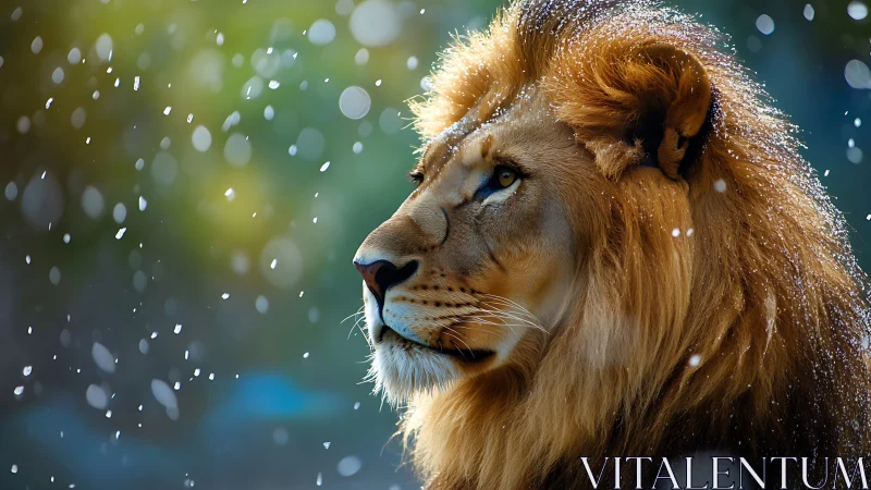 Side-profile lion portrait in snowfall with bokeh highlights