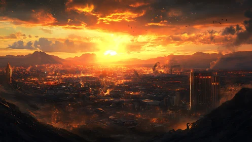 Burning futuristic cityscape under intense orange sunset light