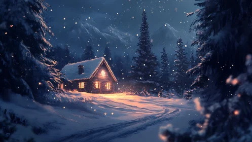 Snow-covered forest cabin emits warm interior light at night