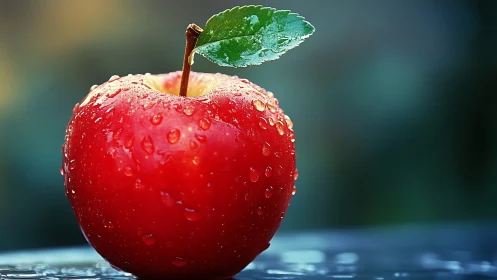 Red apple with water droplets on reflective surface.