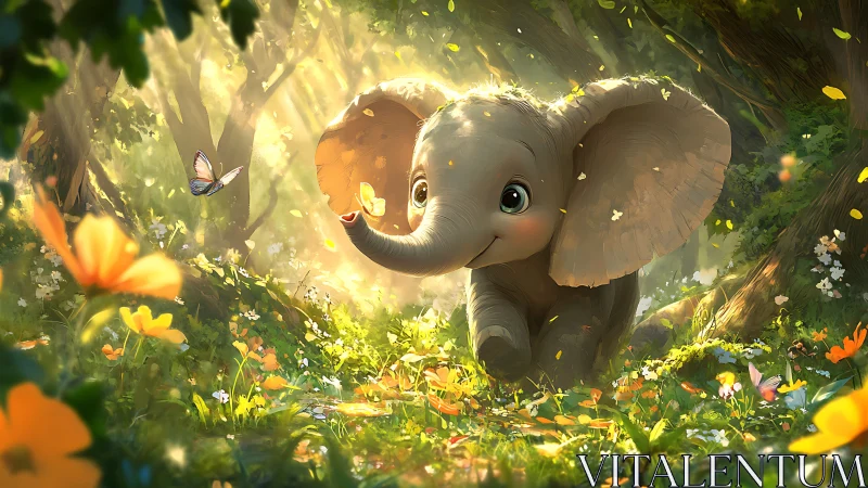 Baby elephant chases butterfly through glowing forest meadow.