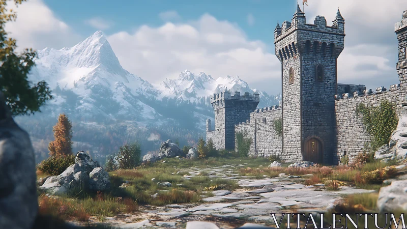 Mountain castle path where quiet stone walls meet skyward peaks.