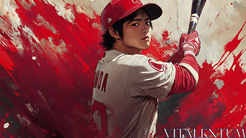 Storm of red and focus around a poised baseball hitter.