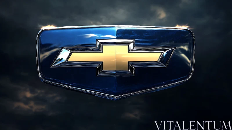 Metallic gold bowtie logo on reflective dark emblem.