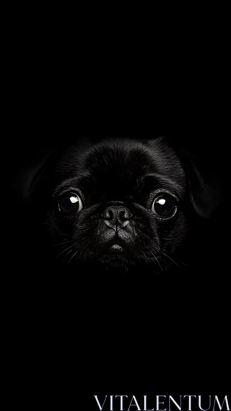 Black pug portrait in low key lighting on deep black background.