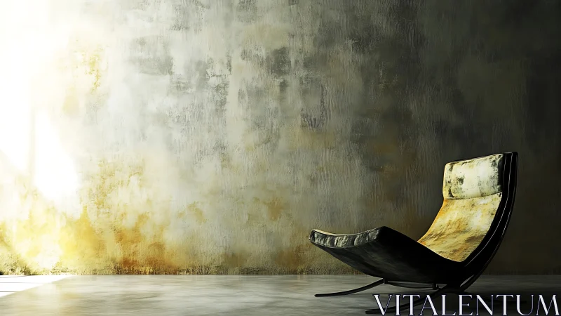 Minimalist lounge chair against textured concrete wall.