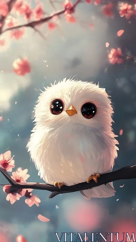Fluffy white owl resting softly among pink blossoms.
