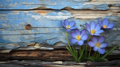 Violet Blooms Dance Against Weathered Blue Timber.