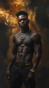 Powerful tattooed athlete stands strong in warm golden light