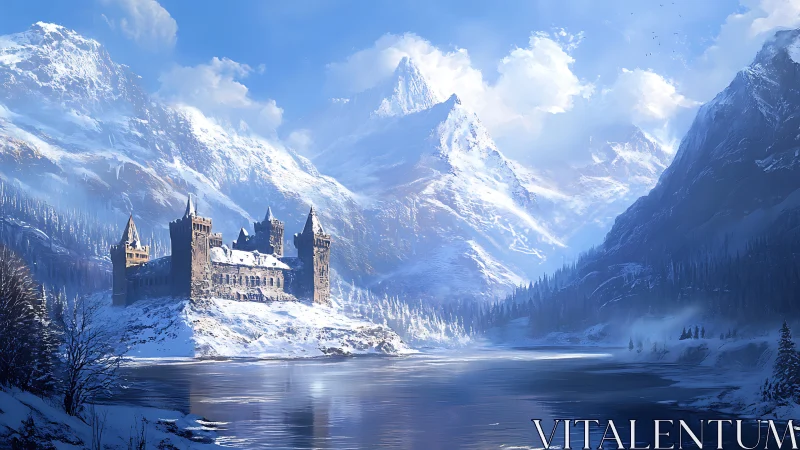 Snowbound mountain castle rests beside a frozen alpine lake