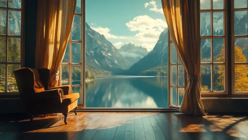 Digital painting of lakeside lounge with panoramic mountainscape.