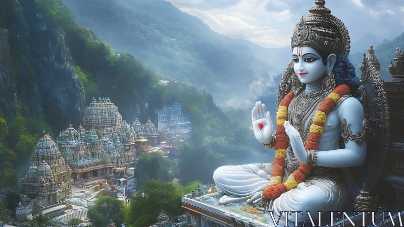 Digital painting of mountain temple complex with seated deity.
