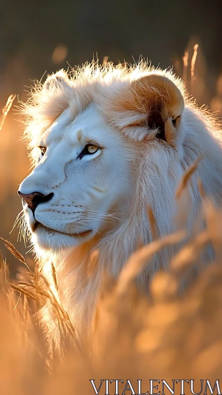 High key portrait of leucistic lion in backlit savanna grassland.
