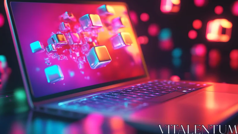 Futuristic laptop with floating 3D cubes and vibrant neon lights.