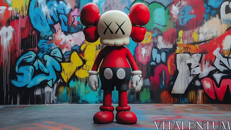 Urban vinyl toy figure before saturated graffiti wall backdrop