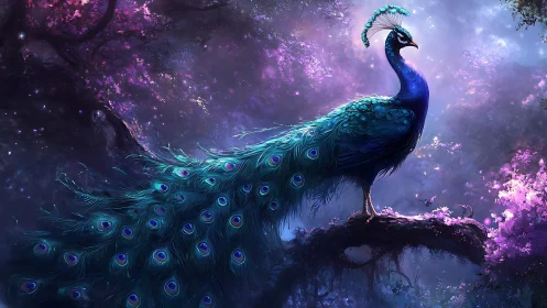 Majestic peacock glows in a dreamlike violet forest night