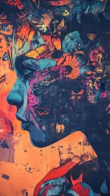 Surreal neon portrait dissolves into abstract floral cosmos.