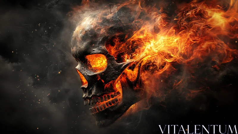 Burning skull rendered with dynamic flames in dark space