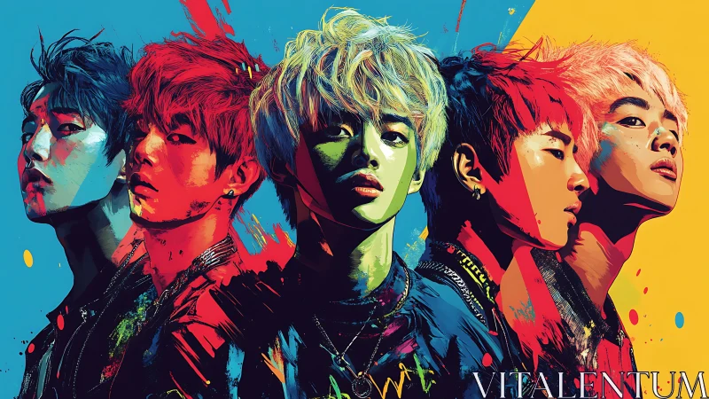 Pop art portrait lineup with neon split-color composition.