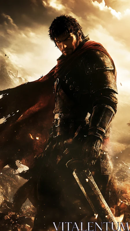 Armored swordsman in backlit battlefield haze with dynamic cape motion