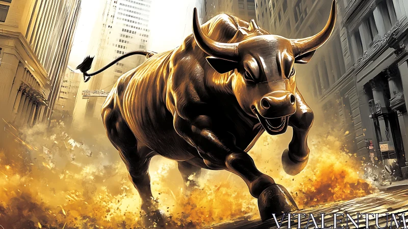 Bronze bull sculpture rendered in dynamic urban street scene