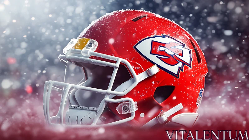 Red football helmet in snow with bold white faceguard design.