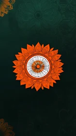 Radial mandala emblem with Ashoka wheel over dark gradient