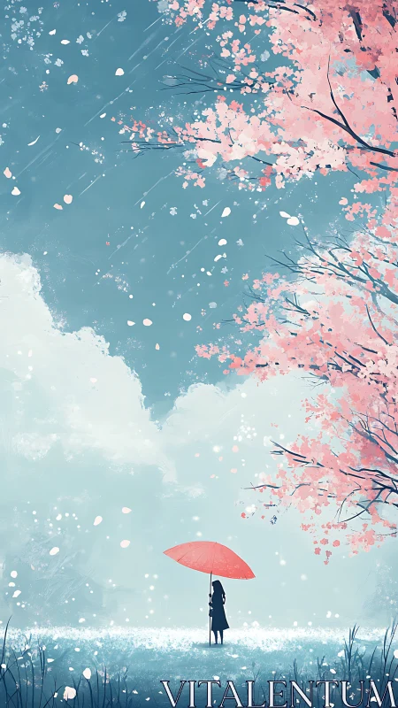 Quiet spring stroll beneath soft cherry blossom skies.