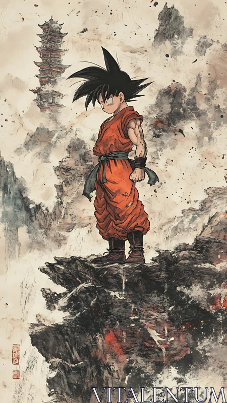 Ink-splashed anime warrior on cliff in vertical sumi-e fusion.