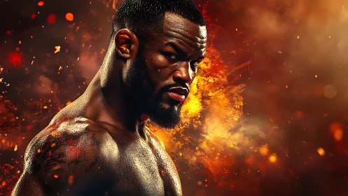 Fiery portrait of muscular fighter in blazing ember light.