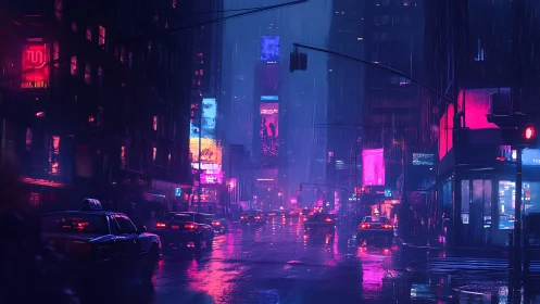 Neon soaked night city street with cars in heavy rain.
