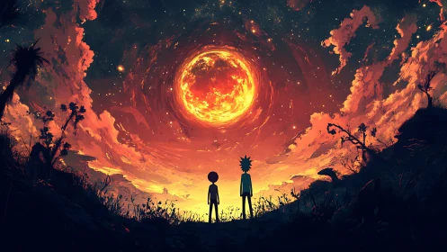 Two friends share a fiery cosmic sunset sky together.