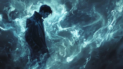 Stormlit sorcerer walks alone through whispering blue ghosts