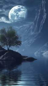 Moonlit lake with rocky shore and distant mountain ridge.