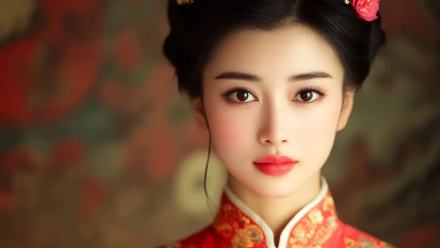 Portrait shows digital rendering of woman in red embroidered dress