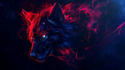 Wolf head illustration integrates neon red and blue light flows