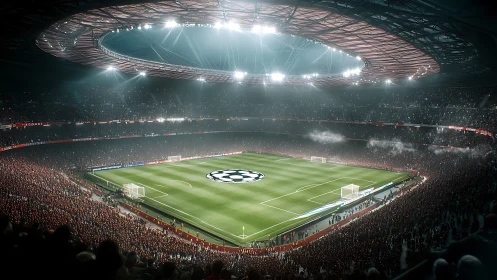 Floodlit football stadium hosts packed night championship match