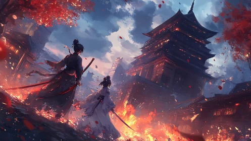 Samurai silhouettes confront burning pagoda at twilight.