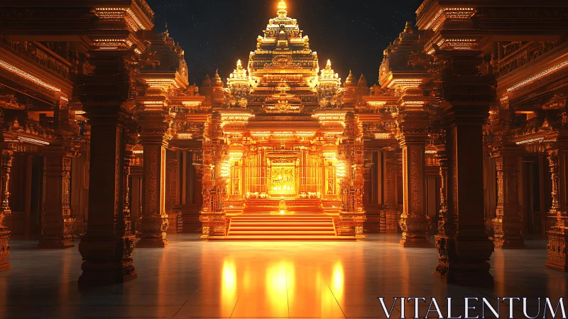 Radiant golden temple interior rendered with cinematic 3D lighting