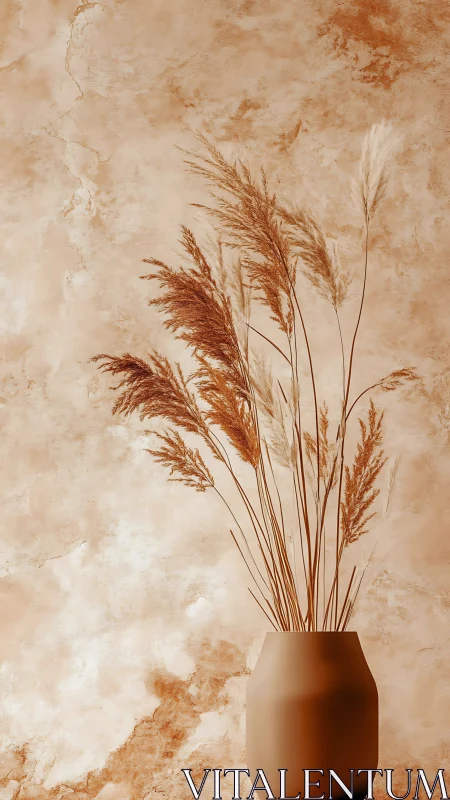 Dried ornamental grasses in matte vase against mottled wall.