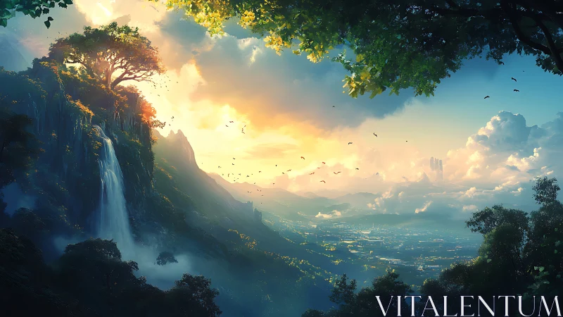 Golden sunrise pours over lush cliffs and misty valley
