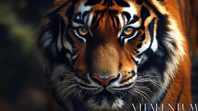 Tiger eyes lock forward under rich golden rim light.